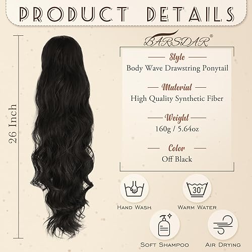 Miniatura 2 de BARSDAR Extensión de cola de caballo con cordón, 26 pulgadas, extensiones de cabello sintético negro con clip en cola de caballo, extensiones de