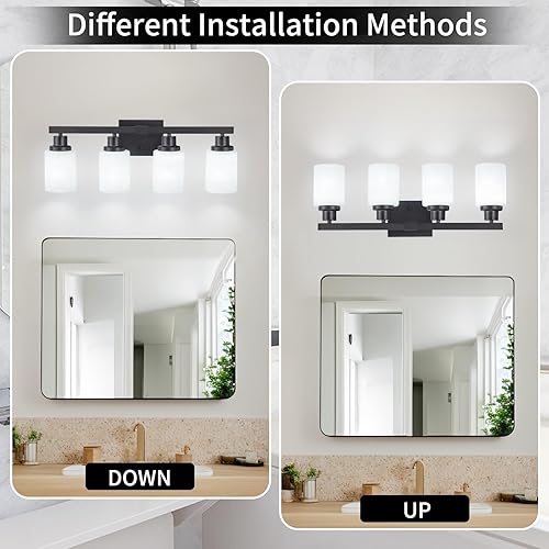 Miniatura 5 de Lámparas de baño, 4 luces negras mate con pantalla de vidrio blanco lechoso, luces de baño sobre espejo, apliques de pared para espejo, dormitorio,