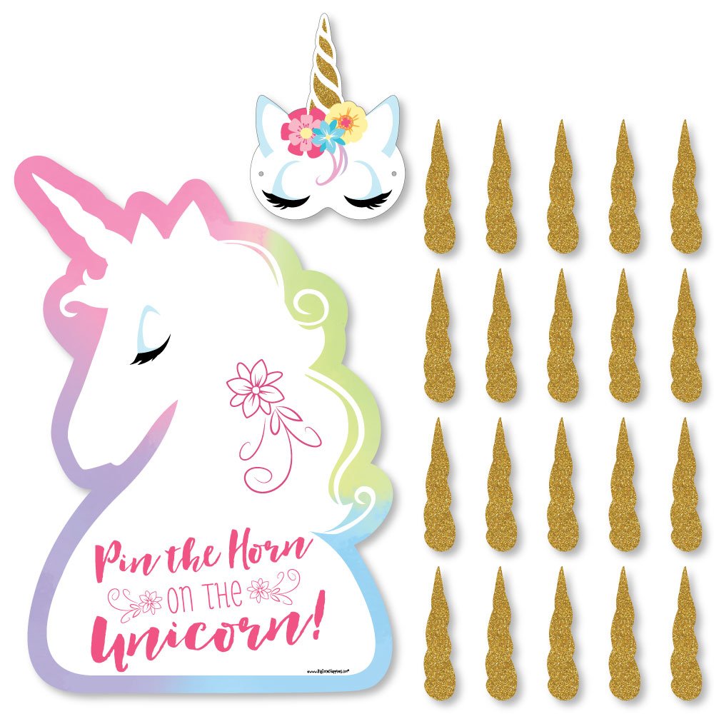 rainbow unicorn pin the horn on the unicorn party game magical unicorn baby shower or birthday party game 1 mask and 20 horns amazon com au toys games