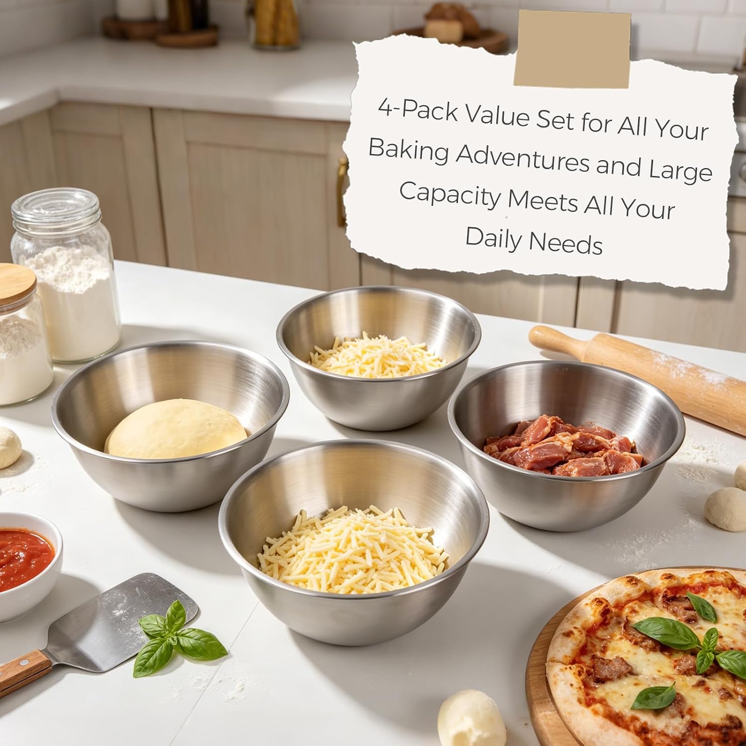 4 Pack 1200ml Pizza Dough Proofing Containers with Clear Lids and scraper