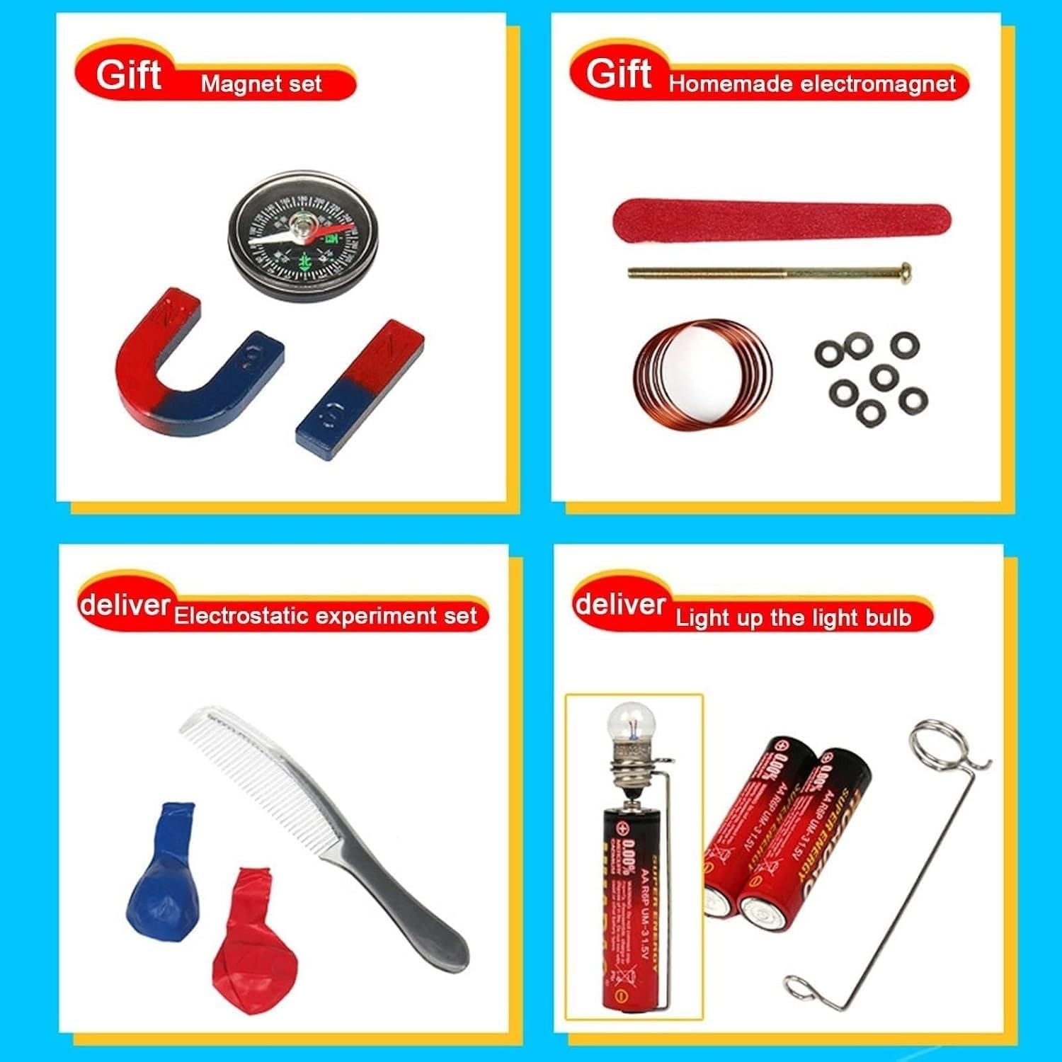 Kit for esplorazione di circuiti ed elettromagnetismo, Scatola for esperimenti di Fisica Multifunzionale con generatore a manovella, magneti, semaforo e Accessori paralleli in Serie