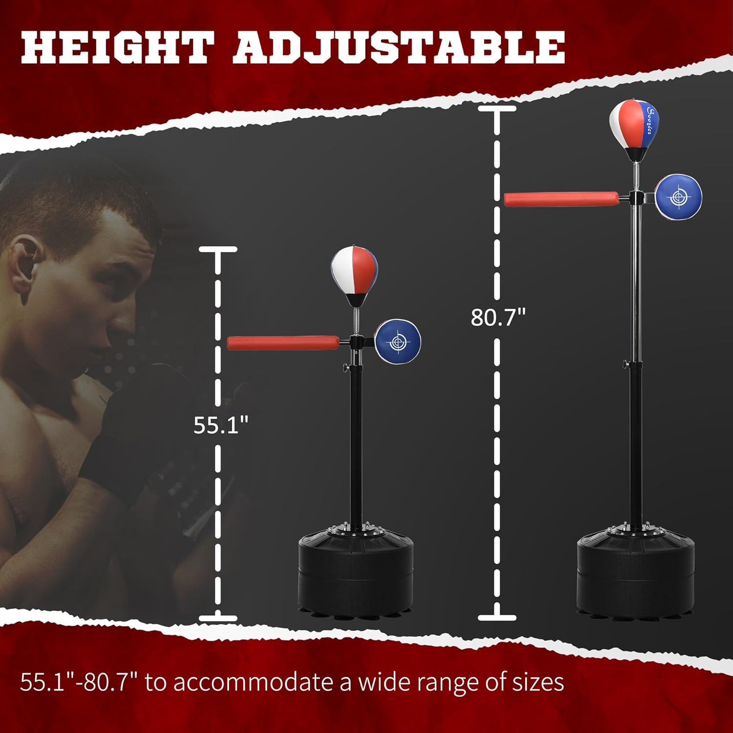Soozier Free Standing Boxing Bag with Stand, Punching Speed Bag Reaction Bar Challenge with Suction Cups, 64-81in Adjustable Height for Teenagers and Adults