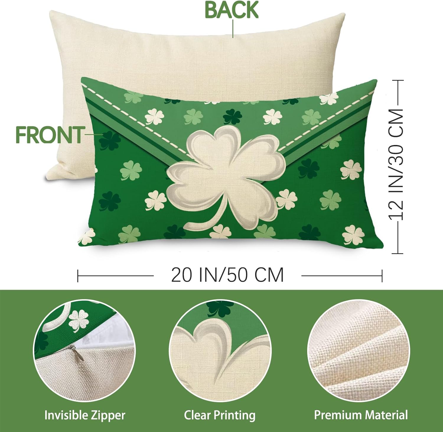 St Patricks Day Letter Lumbar Decorative Throw Pillow Cover 12 x 20, Rectangular Lucky Shamrock Clover Outdoor Home Decor, Irish Spring Sofa Couch Cushion Case - Image 3