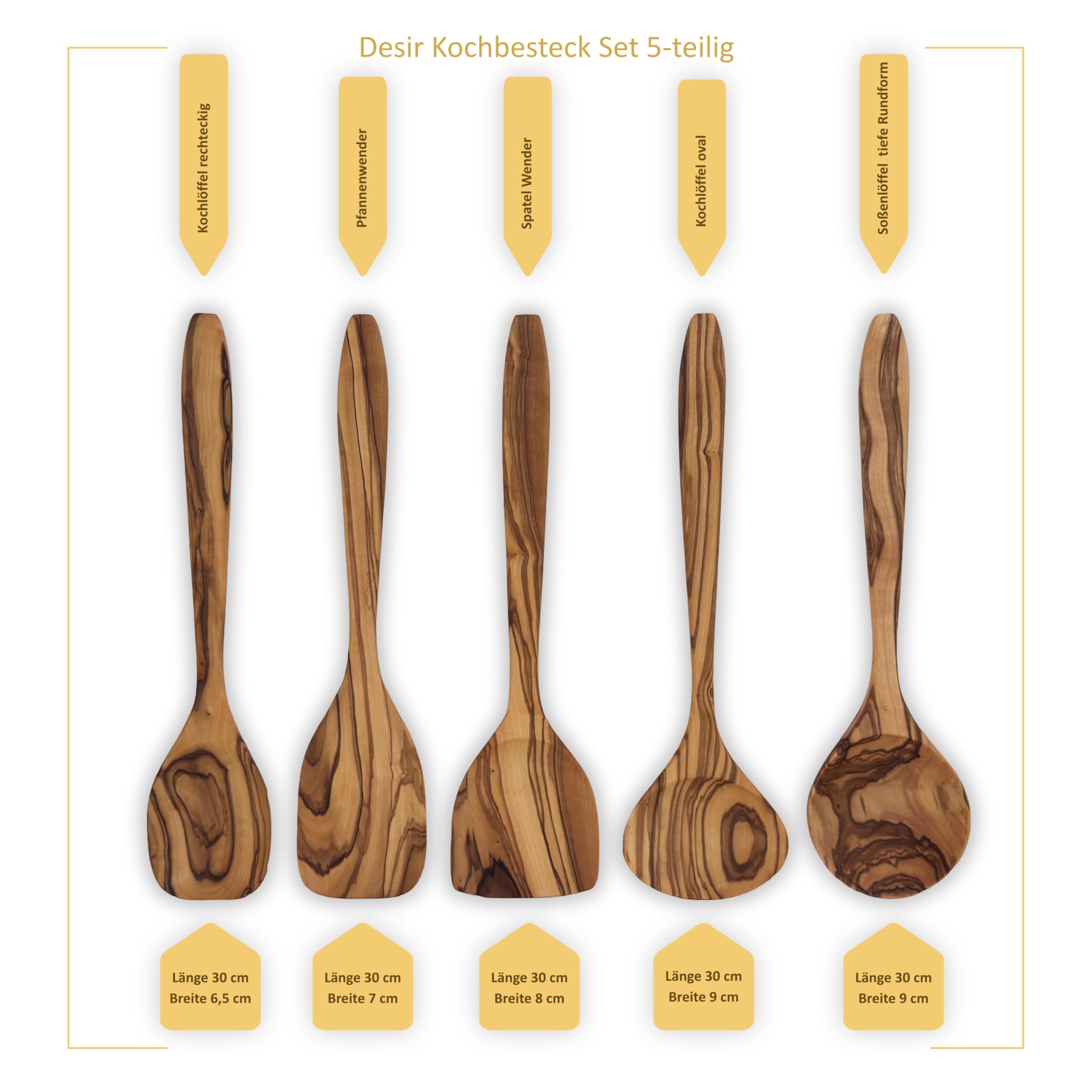 Kochbesteck Set „Desir“ aus Olivenholz – 5-teilig, 30 cm, Holz Kochlöffel & Küchenhelfer Set, langlebig, natürliche Maserung