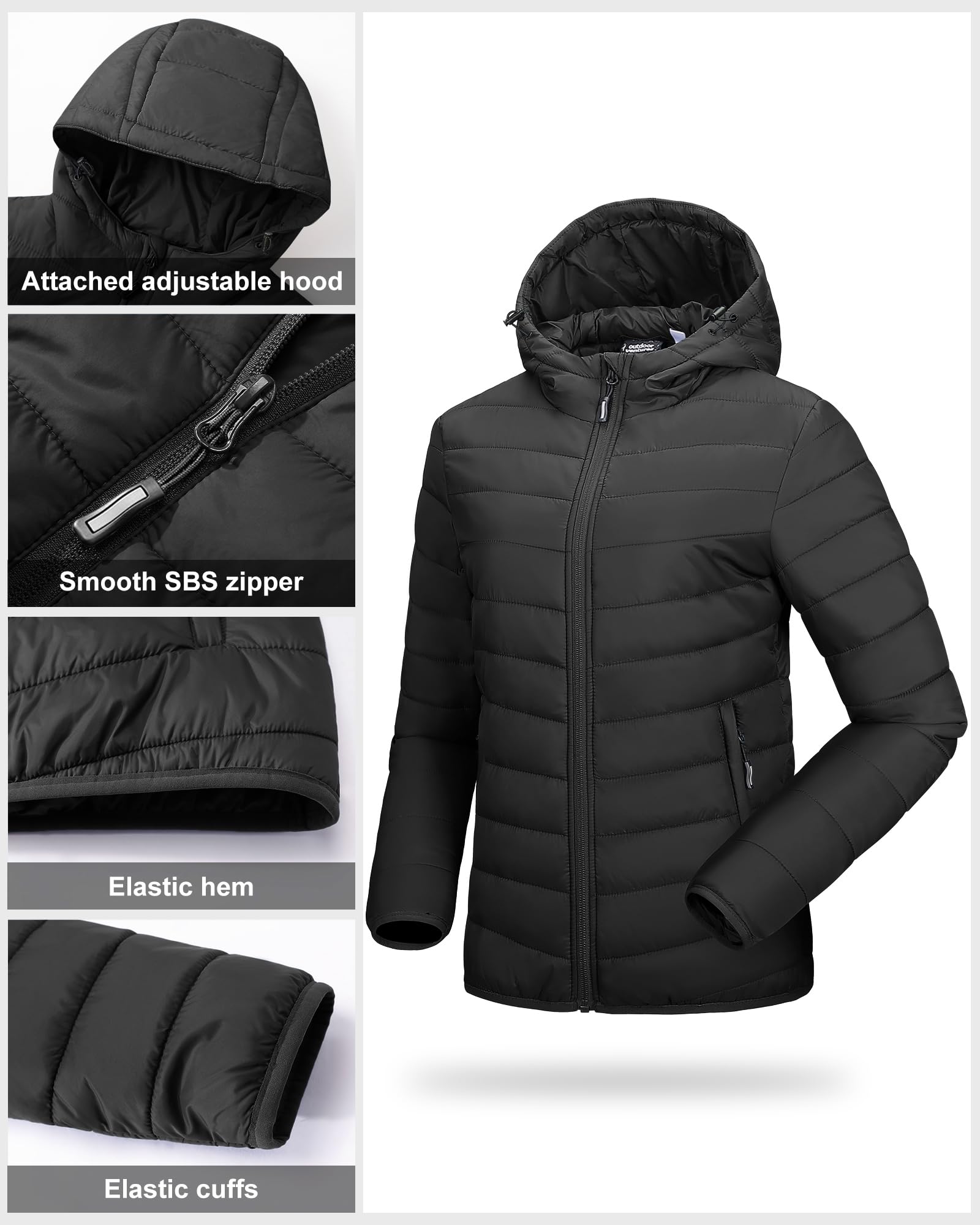 Outdoor Ventures Veste d'hiver légère avec capuche pour femme, chaude, courte, compressible, matelassée, avec doublure, mi-saison, pour randonnée, voyage