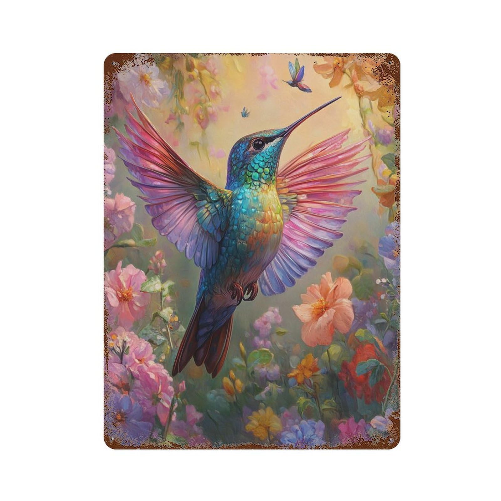 Hummingbird Garden Fantasy-1 15.7"x11.8" Weathered Tin Sign, Shabby Chic Decor for Cafe, Home Bar And Lounge Decor