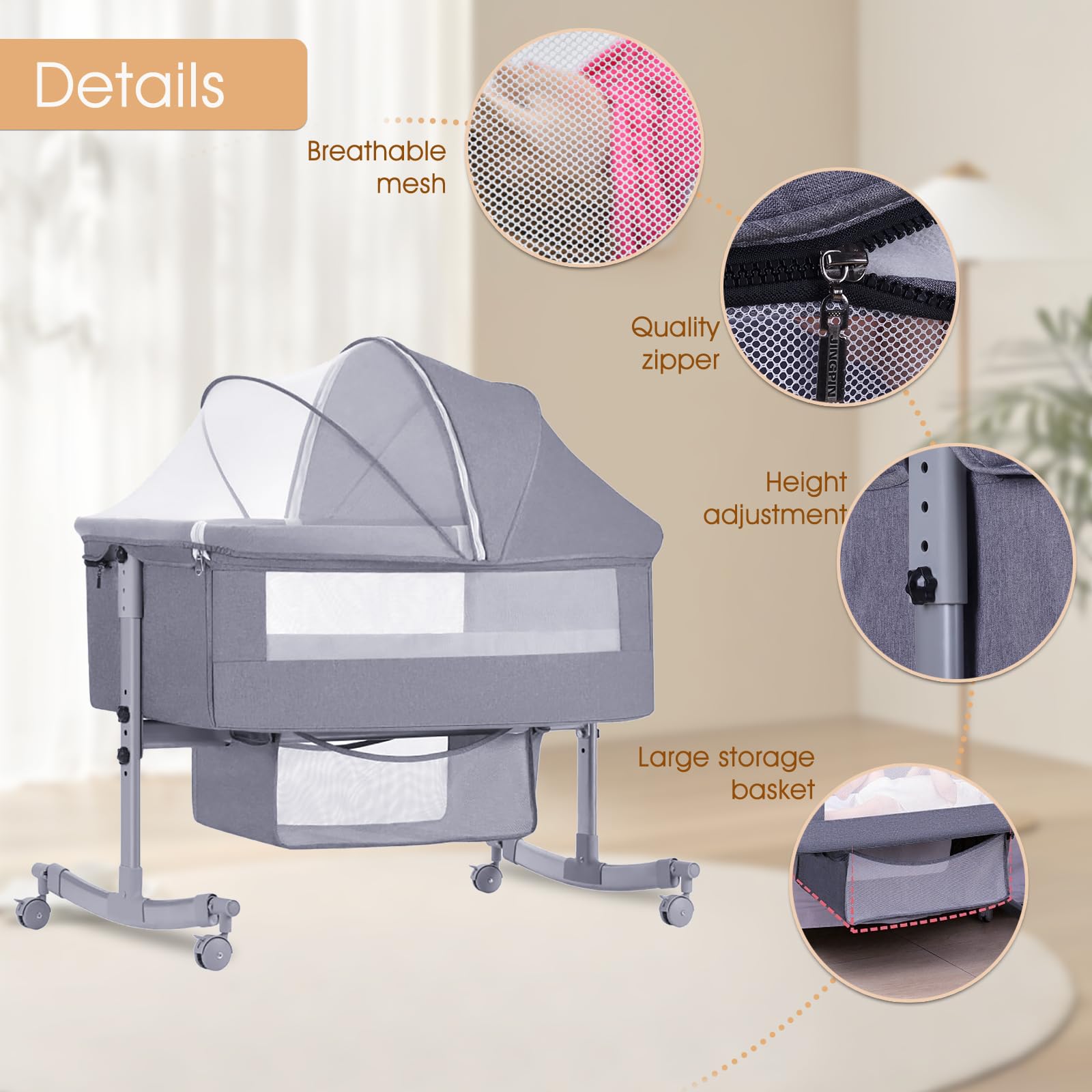 Cuna con Colchón Cama Bebe Tejido de Malla Transpirable, Regulable en Altura en 4 Posiciones y Reclinable, Plegado Fácil, con Ruedas y Cesta de Almacenamiento para los 0-2 años Bebe