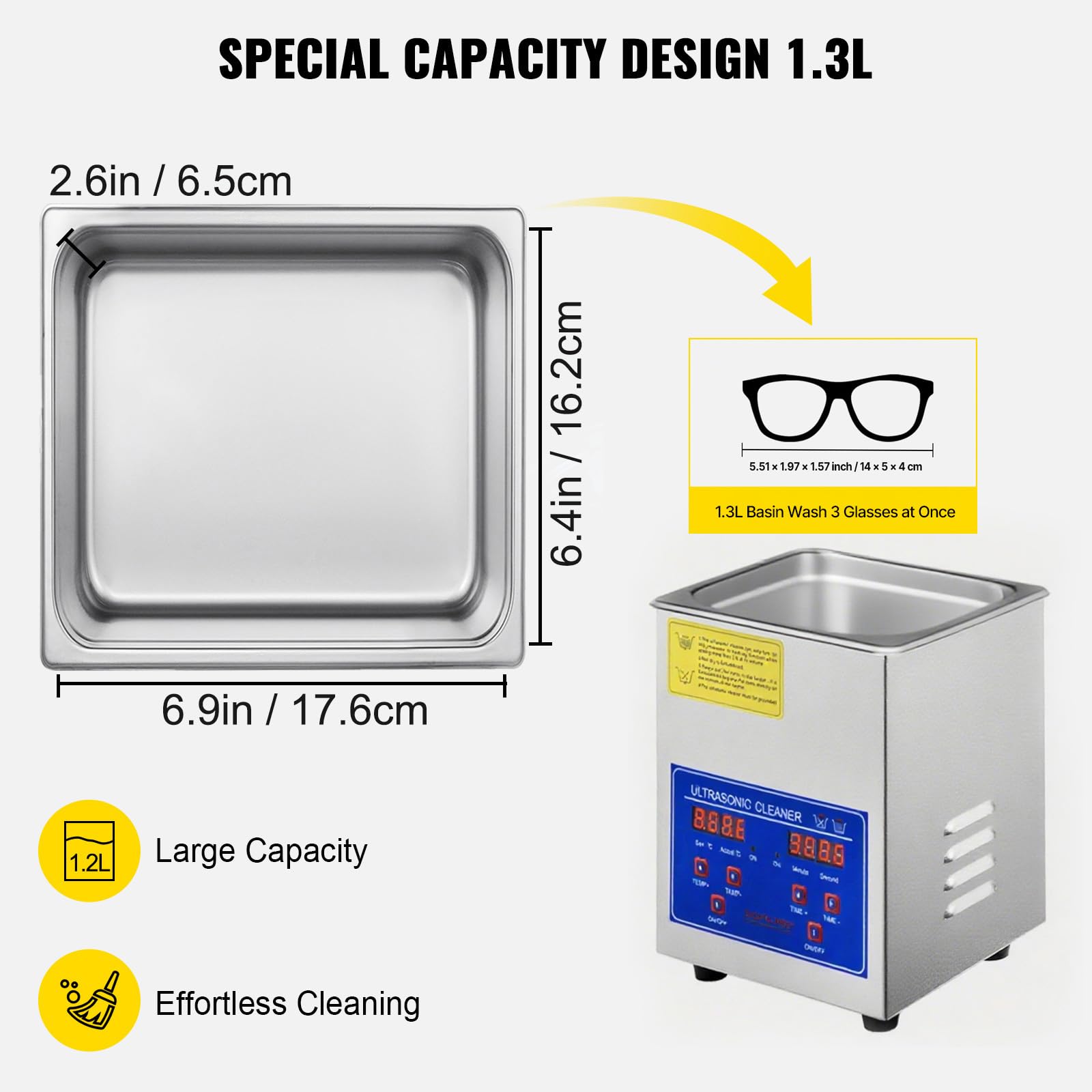 VEVOR Pulitore a Ultrasuoni 18 x 16,5 x 21,2 cm Pulitore a Ultrasuoni per Parti 1,3 Litri con Temporizzatore di Riscaldamento, Impostazione del Tempo da 0 a 30 Minuti, con Schermo Digitale a LED