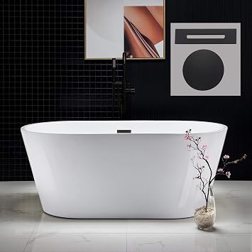 WOODBRIDGE 59" Freestanding White Acrylic Soaking Bathtub with Matte Black Drain and Overflow,BTA1514-MB
