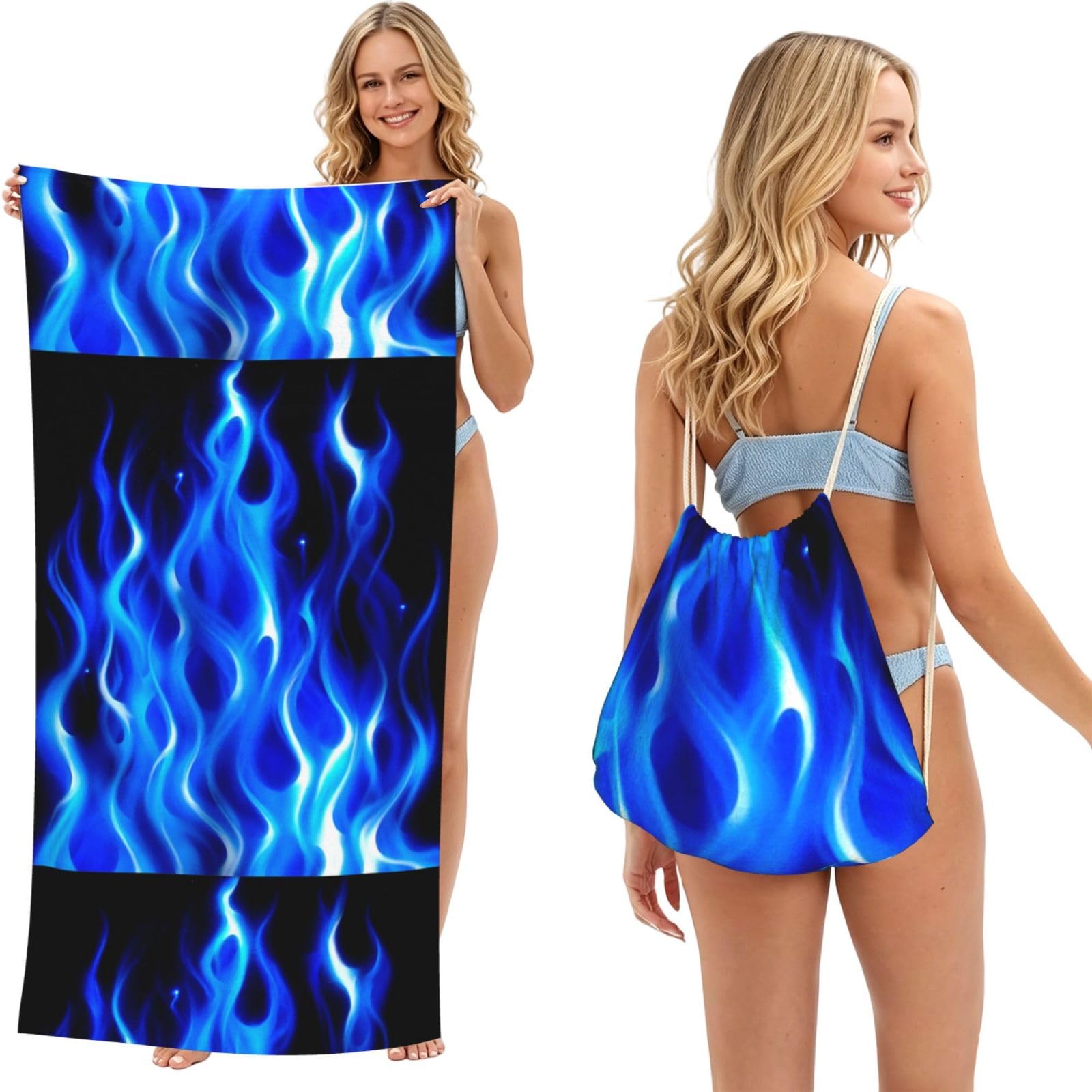 Poadnly As Picture The Blue Flame, 2 In 1 Packable Towel Bag, Beach Towels With Drawstring Backpack For Travel Holiday Camping