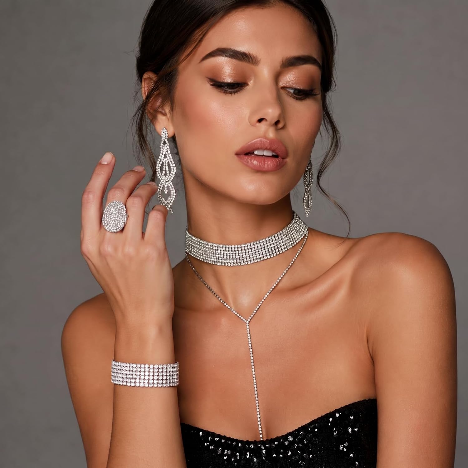 Fumete 4 Pcs Rhinestone Jewelry Set for Women Wedding Bride Party Silver image 4