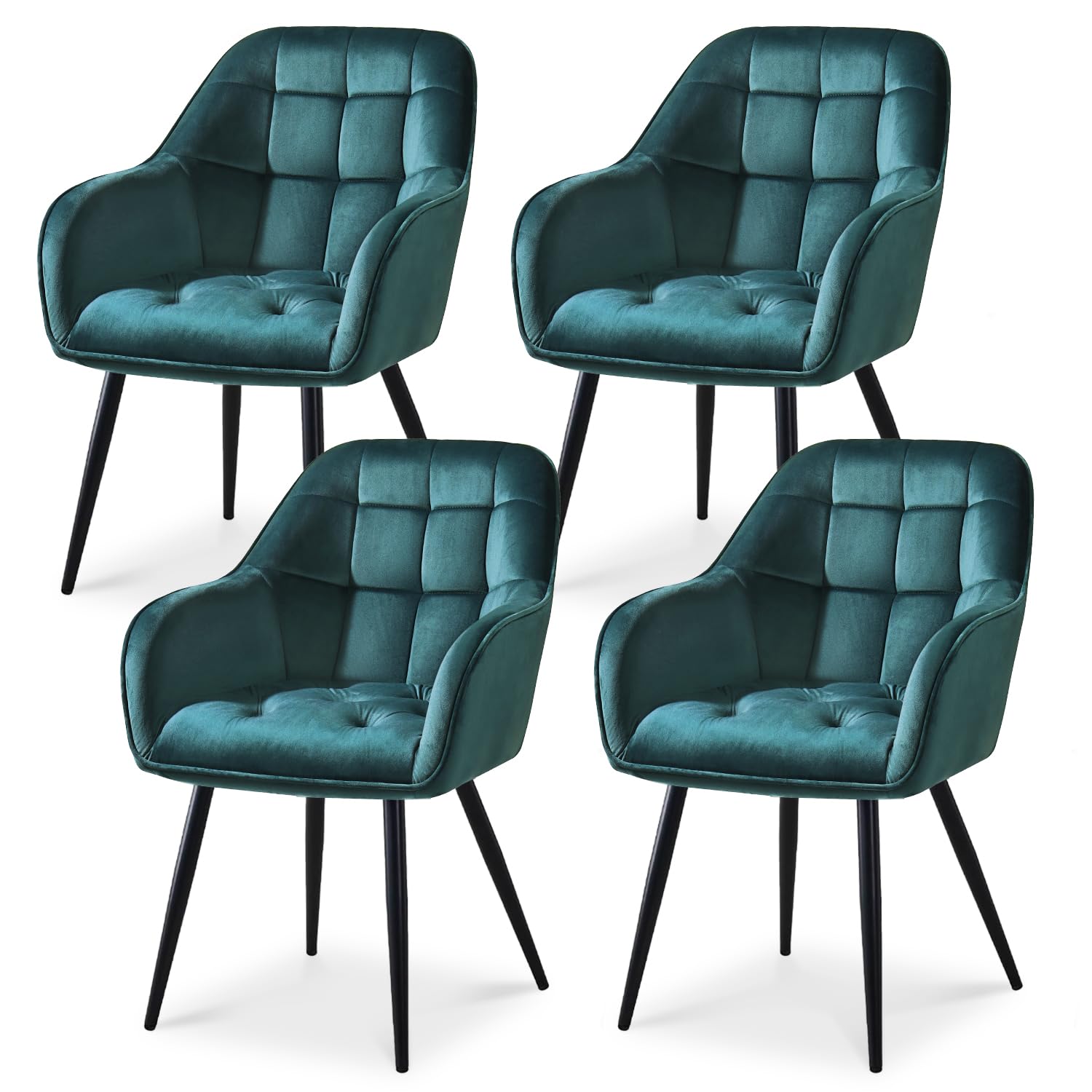ELUCHANG Kitchen Dining Chair Set of 4 with Arms, Backrest, Velvet Thick Padded Upholstered, Vanity Chair, for Dining Room, Living Room, Dressing Table, Lounge, Teal