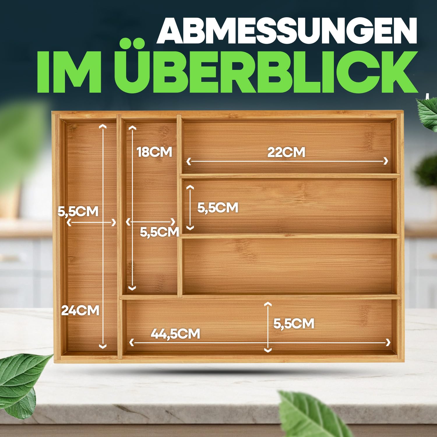 Loco Bird Besteckkasten für Schubladen aus Bambus 6 Fächer - 25,5x35,5x5cm Besteckeinsatz für Schubladen verstellbar - Besteck Organizer Küche Holz - Schubladeneinsatz Küche - Cutlery Organizer