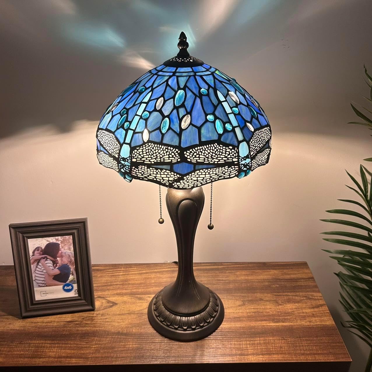 Tiffany Table Lamp Blue Stained Glass Dragonfly LED Bulbs Included Pull Chain Switches for Living Room Dining Room Bedroom Bedside 12" W*12" D*22" H
