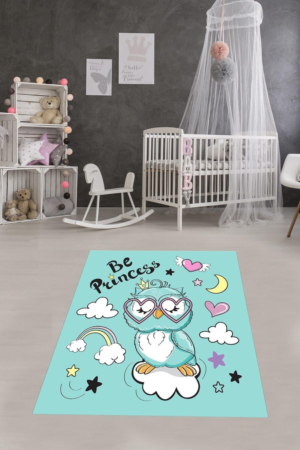 Pelangi Baykuş Desenli Dijital Baskılı Kaymaz Taban Yıkanabilir Leke Tutmaz Çocuk Odası Halısı, Mavi 130 x 180