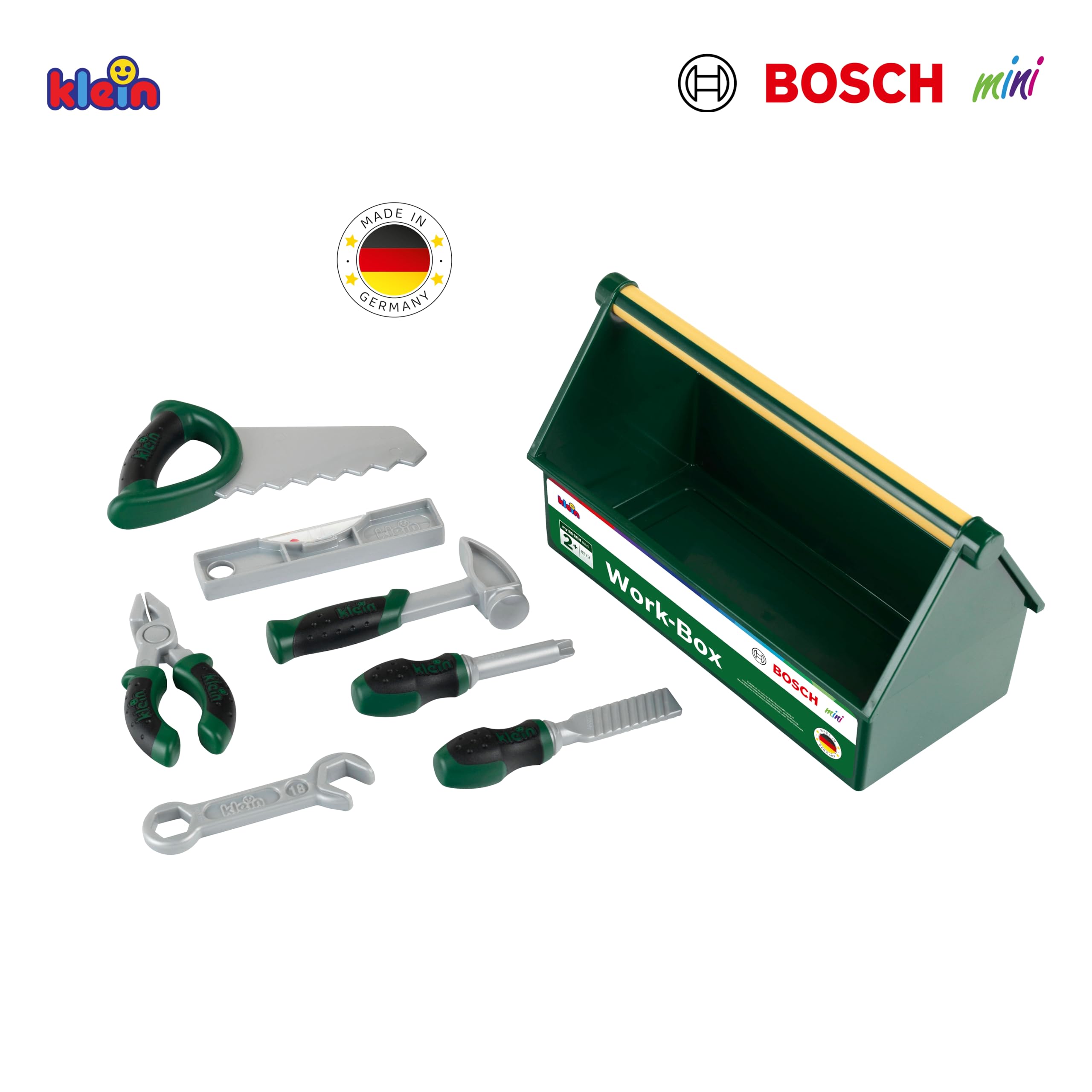 Theo Klein 8573 Cassetta degli Attrezzi, Set di Attrezzi da 7 Pezzi, Solida Cassetta con Pratica Maniglia di Trasporto, 30,25 cm x 14 cm x 17,25 cm, Giocattolo per Bambini a Partire dai 3 Anni di età