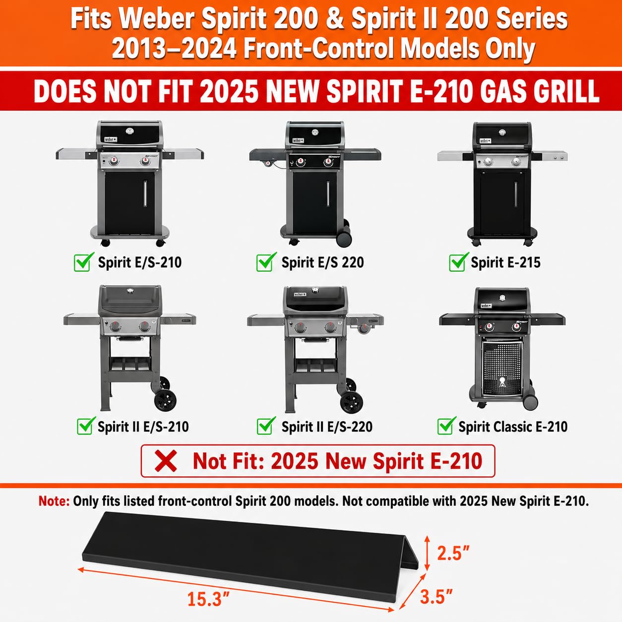 QuliMetal Barras aromatizantes de 15.3 pulgadas para parrillas Weber Spirit E-210, Spirit 200, GS4 Spirit II 200, Spirit II E-210 Series con control frontal, reemplazos esmaltados de porcelana para