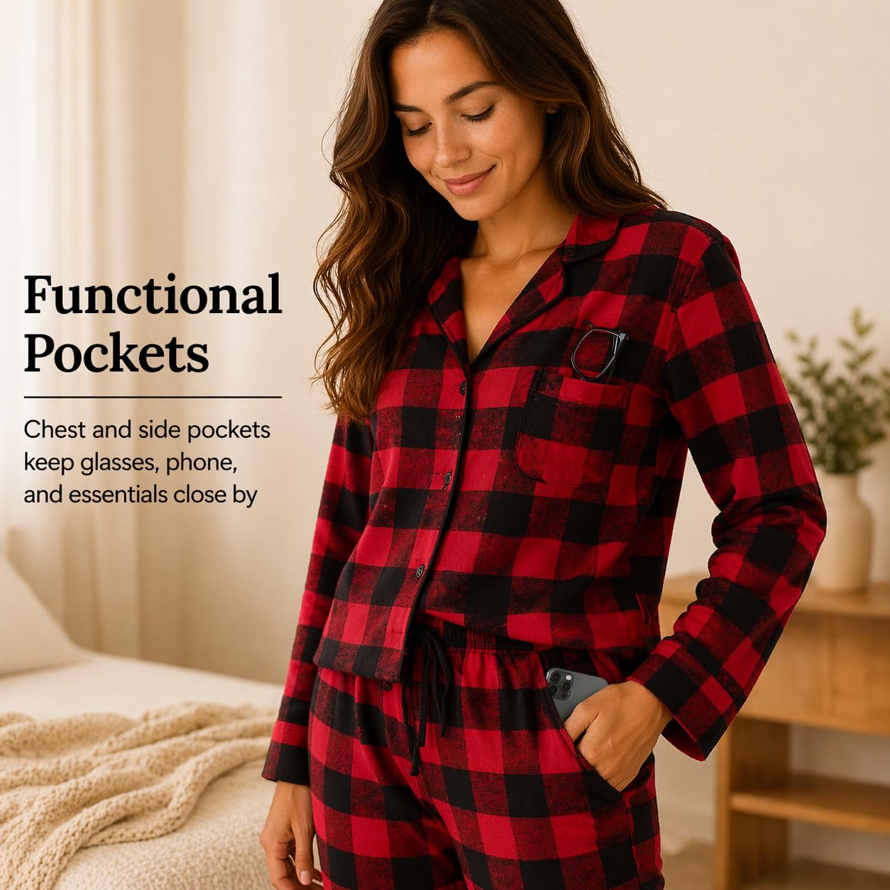 Conjunto de Pijama Tejido de Franela para Mujer 100% Algodón Juego de Ropa de Dormir a Cuadros Manga Larga con Bolsillos