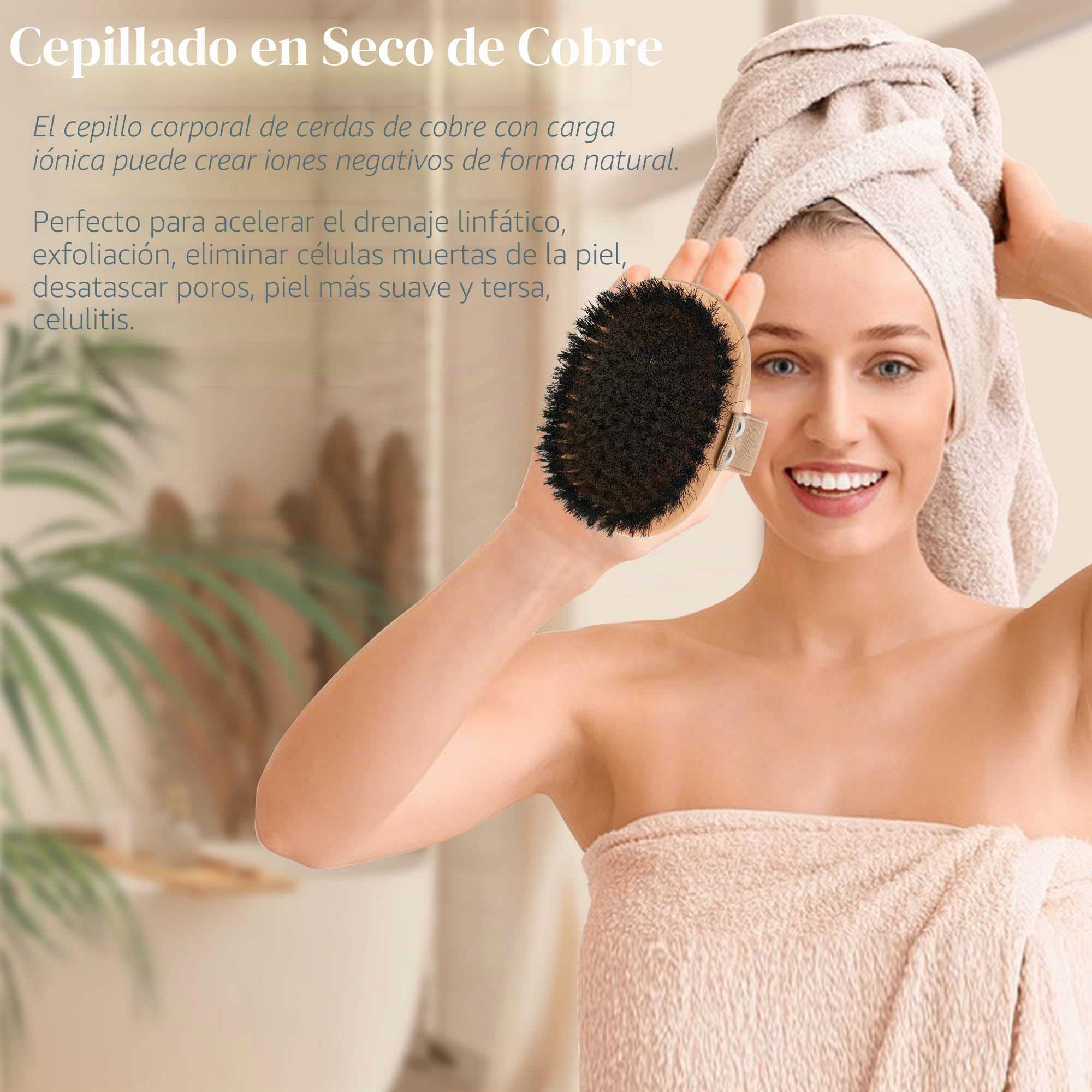 OWIIZI Cepillo corporal de cepillado seco de cobre con cerdas suaves de cobre cargado de iones, exfoliante de madera antideslizante, exfoliante corporal de masaje