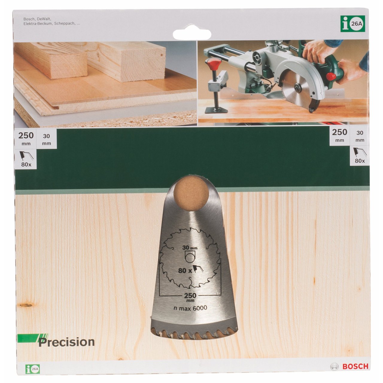Bosch 1x Lama per Sega Circolare Precison (per Legno, Ø 250 x 3.2/2.2 x 30 mm, 80 Denti, ATB, Accessori Seghe Circolari)