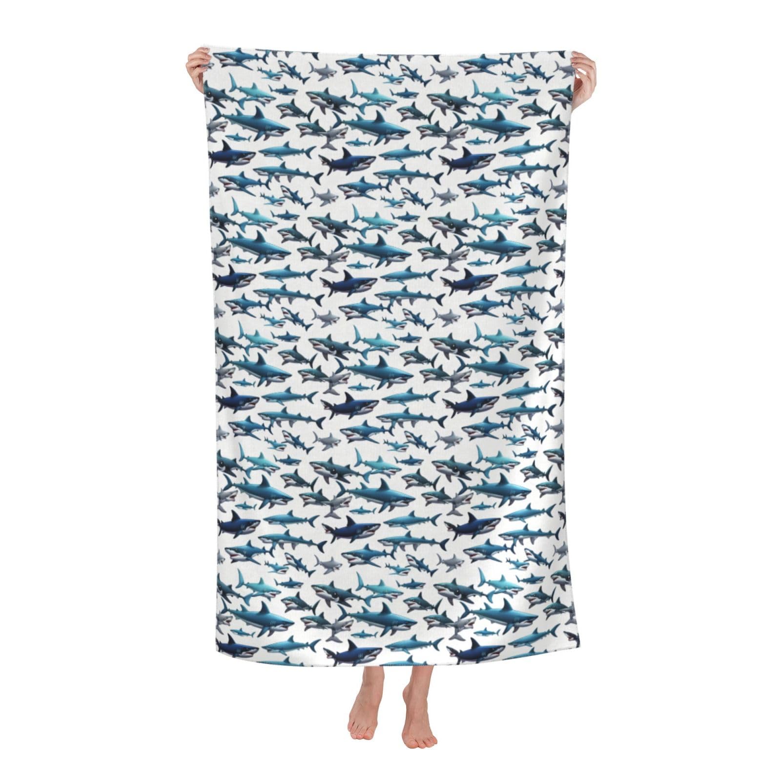 Pojknbv White Ocean Shark Print Oversized Adult Beach Towel Quick-Dry Comfortable Lightweight Travel Pool Camping