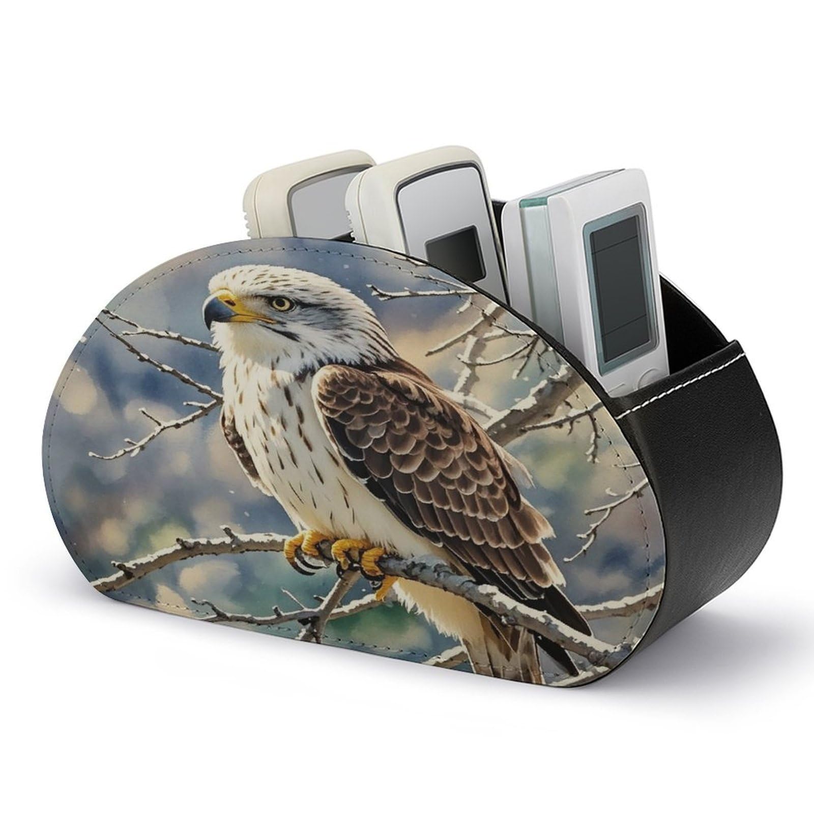 LZQPOEAS Hawk Remote Control Holder with 5 Compartments PU Leather Remote Organizer Box Caddy for Table Nightstand Remote Caddy Desktop Organizer Fits Media Controllers