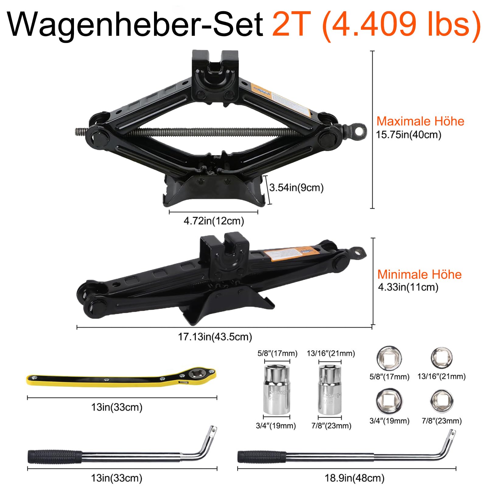 Rarapop Scherenwagenheber 2T (4.409 lbs), Tragbares Auto-Wagenheber-Set – Universelles Notfallset mit Schraubenschlüssel zum Reifenwechsel für Autos, SUV und PKW