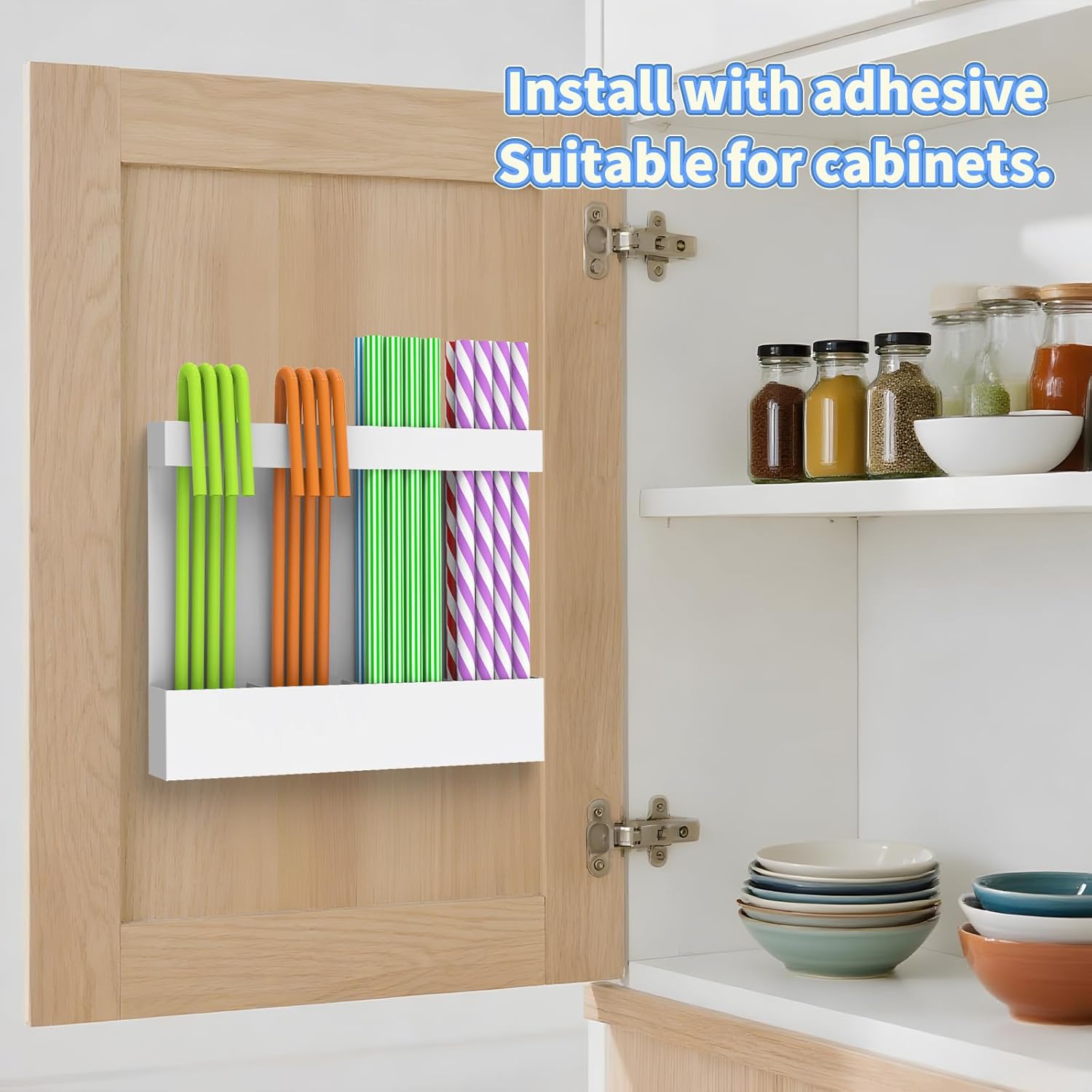 Straw Holder, 4-Compartment Magnetic Straw Dispenser, Reusable Tumbler Organizer with Adhesive for Kitchen Cabinet, Cupboard, Coffee Bar & Countertop Storage - Image 7