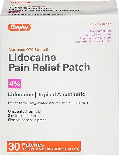 Rugby - Parche para aliviar el dolor de lidocaína de máxima resistencia, 4% de lidocaína, anestésico tópico, sin perfume, 30 parches (1 unidad)