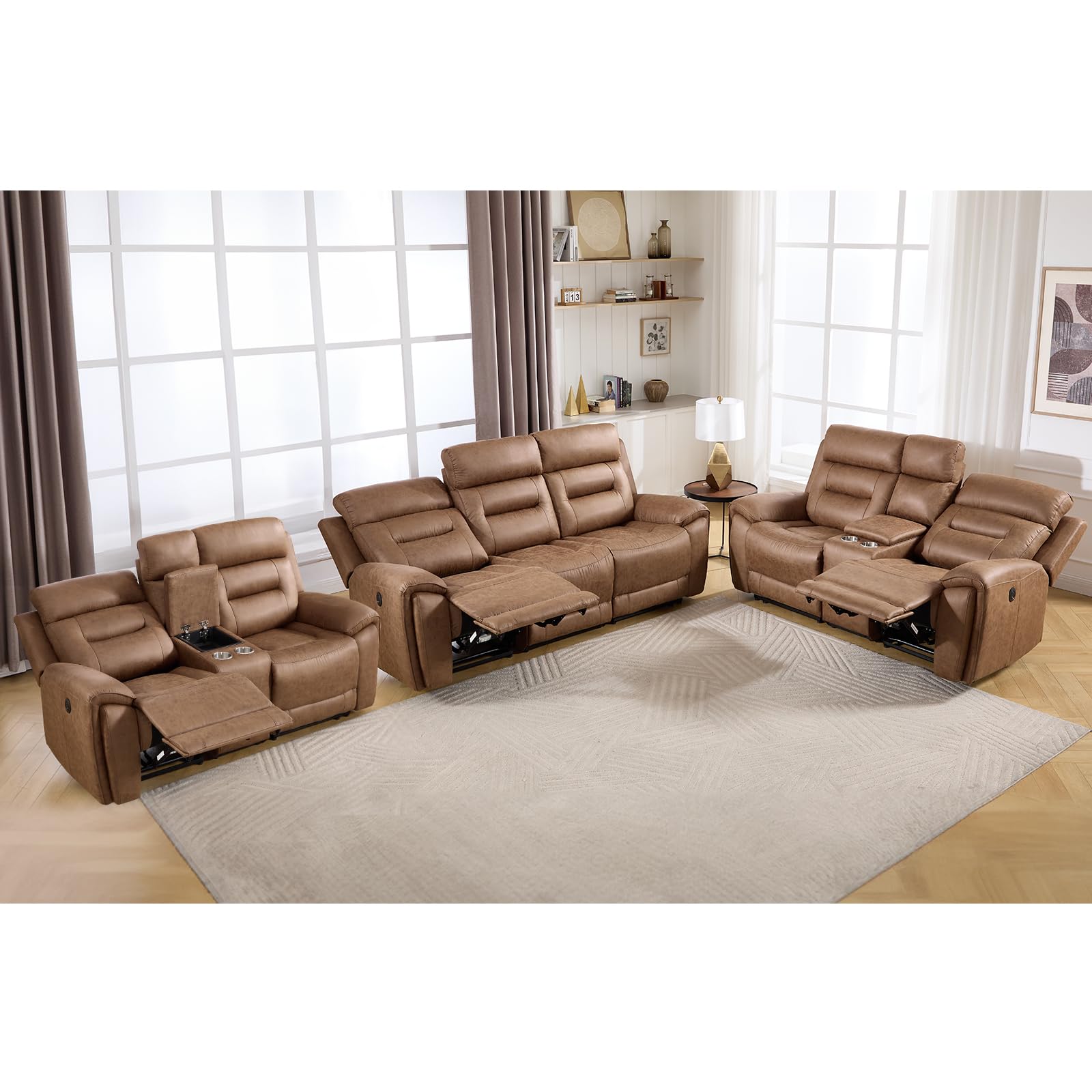 ANJ 3-Piece Faux Leather Power Recliner Sofa Set with USB&amp;Type-C Charging Ports, Include 2 Loveseat Sofas with Hidden Storage &amp; Cup Holders and a 3-Seater Reclining for Living Room, Brown
