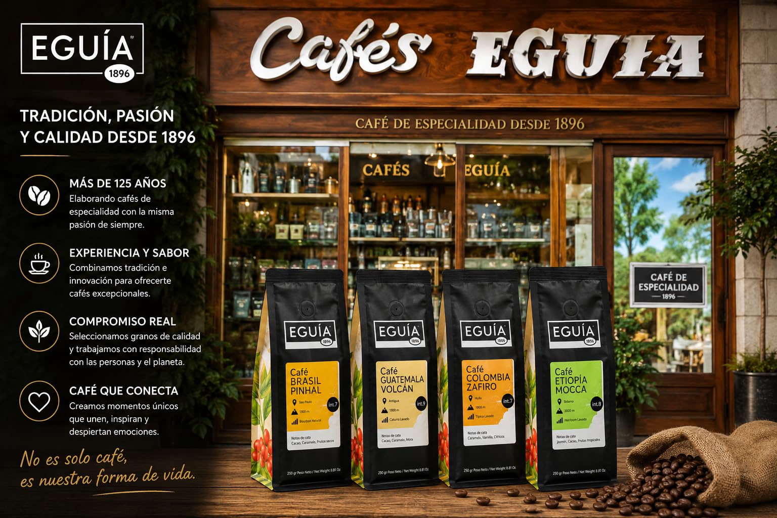 EGUIA Cafe en Grano Natural 100% Arabica - Pack Degustacion Espresso 4x250g - Cafes de Etiopia, Colombia, Guatemala y Brasil - Tueste Medio Gourmet Premium
