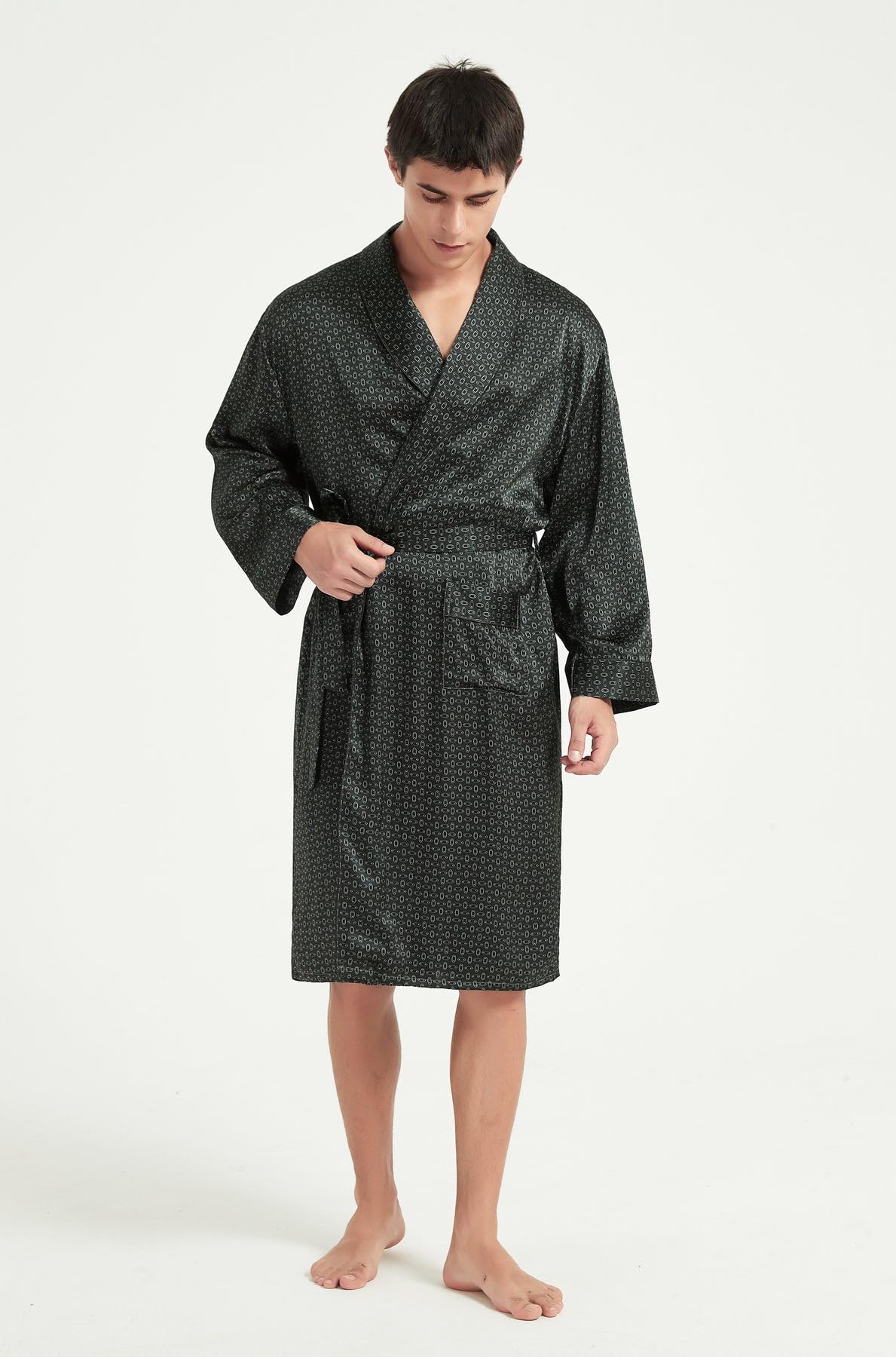 Ginell Peignoir long kimono pour homme, 100% soie de mûrier, imprimé cachemire, soie épaisse 19 mommes