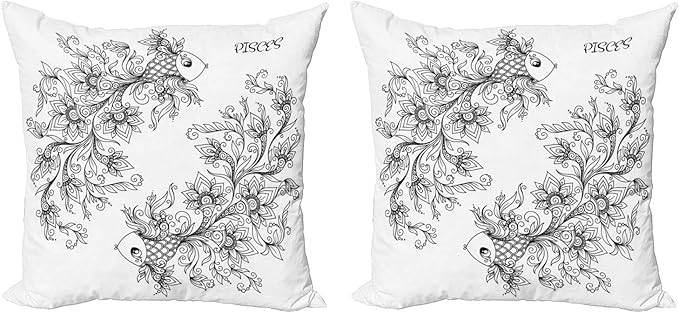 Ambesonne Zodiac Decorative Throw Pillow Case Pack of 2, Floral Images Pisces Sign Fish House of The Water Element Sensitivity Planet Sign, Couch Bedroom Living Room Cushion Cover, 18