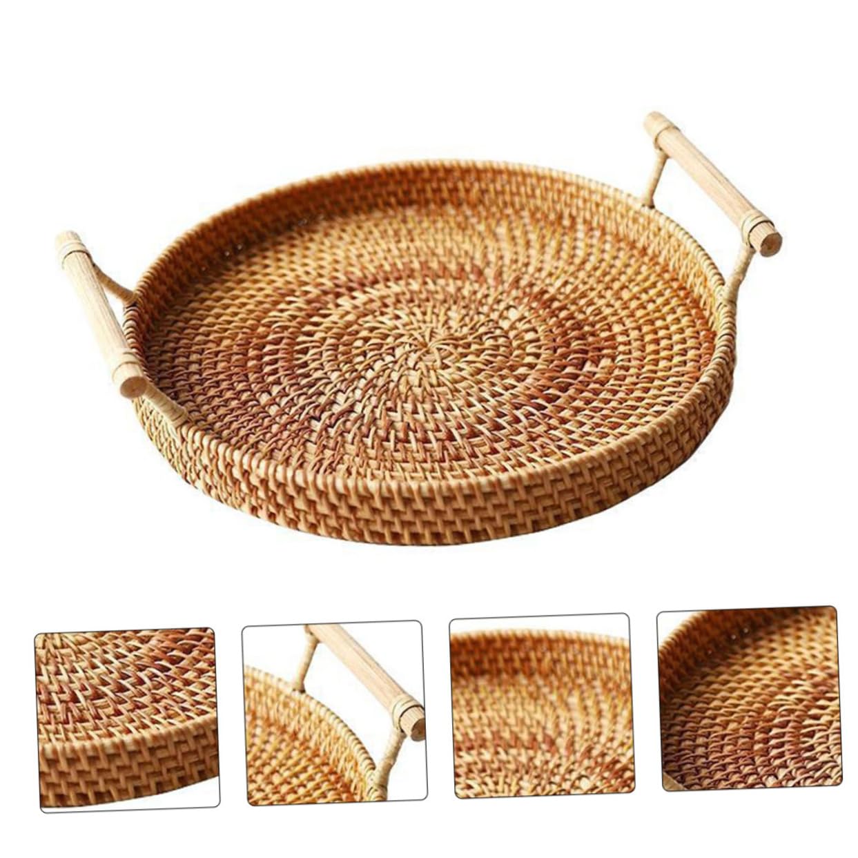 STOBAZA 3 Pcs Pastry Plate Decor Baskets Food Trays Creative Basket Wicker Tray with Handles Decorative Storage Baskets Round Decorative Tray Dessert Plate Wicker Food Bowl Rattan Brown