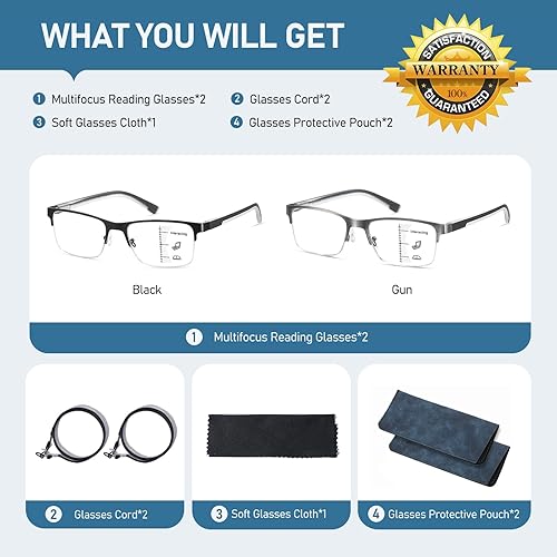 Miniatura 8 de LKEYE Gafas de lectura multifoco para hombre, sin línea, lector multifocal progresivo, luz azul, marco de metal, lentes trifocales