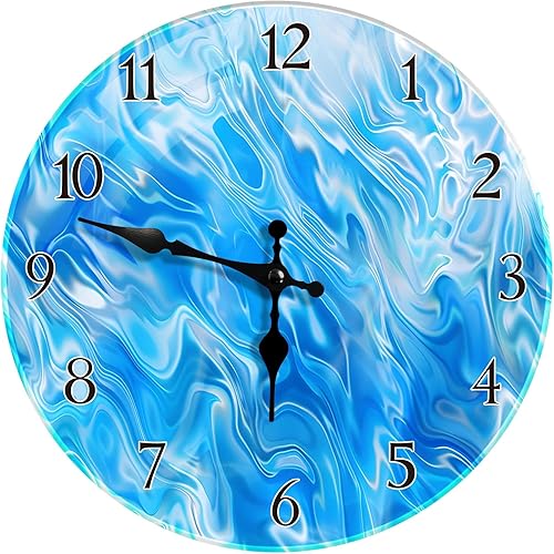 Miniatura 14 de Britimes Reloj de pared redondo, silencioso, sin tictac, funciona con pilas, reloj de cristal impermeable para exteriores, 12 pulgadas, mármol azul,