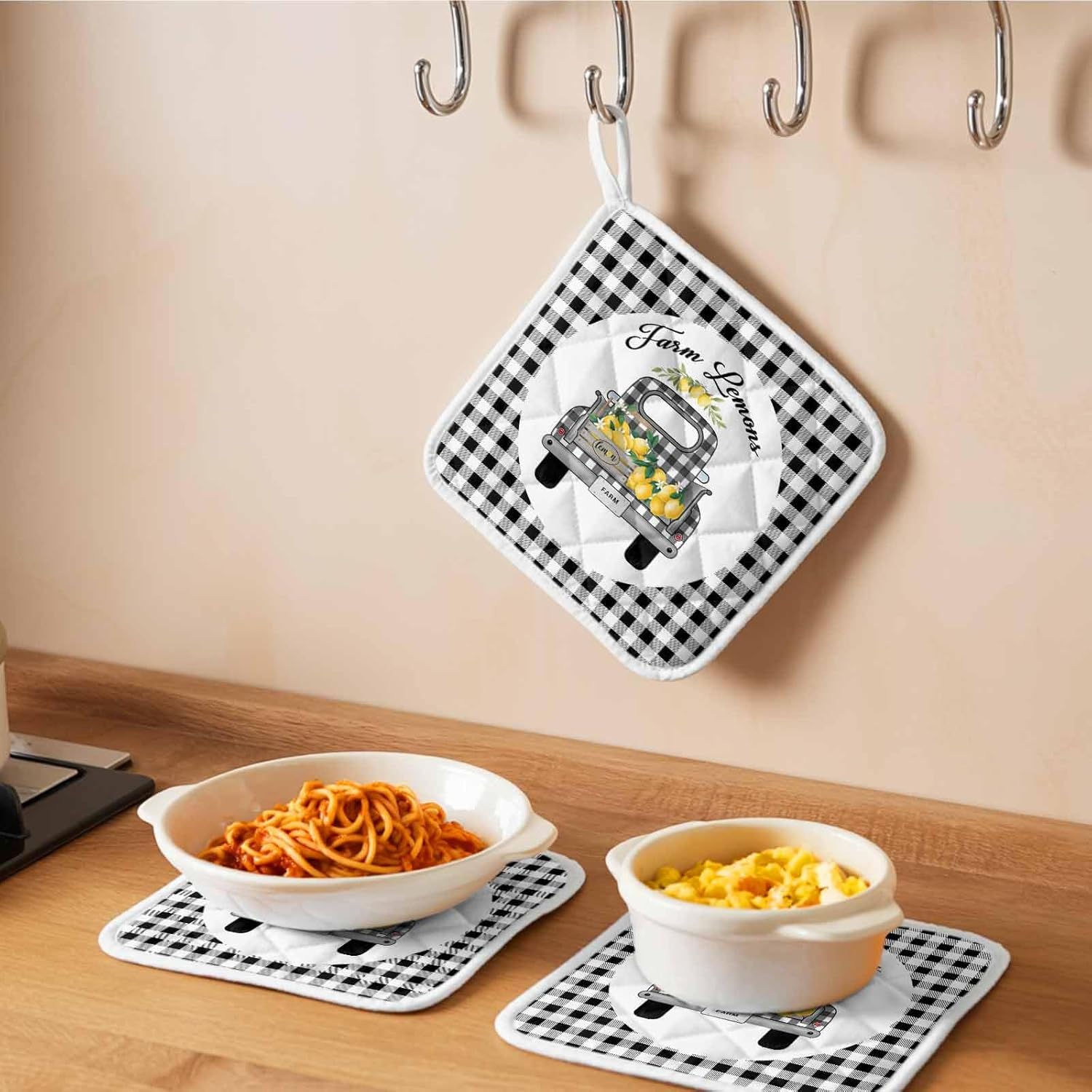 5 Pack Pot Holders for Kitchen, Summer Lemon Hot Pads for Kitchen Countertops Oven Pot Holder Bulk, Watercolor Truck Black Plaid Checkered Heat Insulation Potholders with Hanging Loops