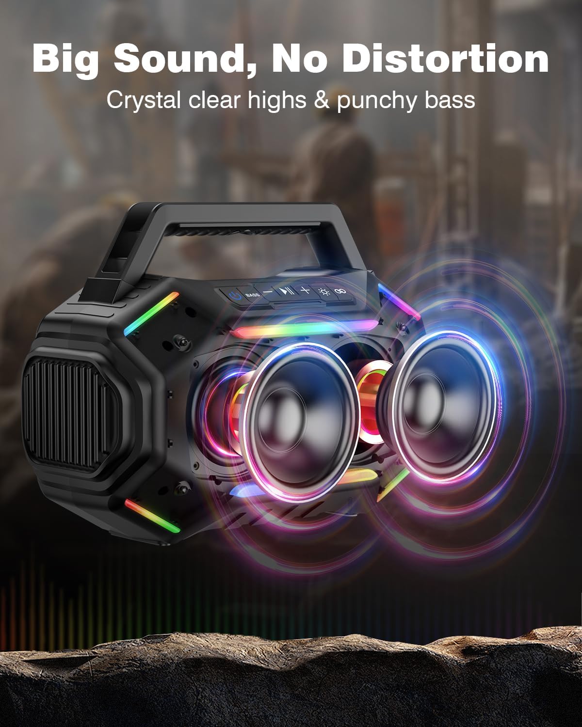 Bluetooth 6.0 Speaker, 80W(Peak) Loud Speaker with Bass, 30H Working Time, IPX6 Waterproof Large Jobsite Speakers with TWS, RGB Lights for Work, Outdoor, Workshop, Garage (Black) - Image 5