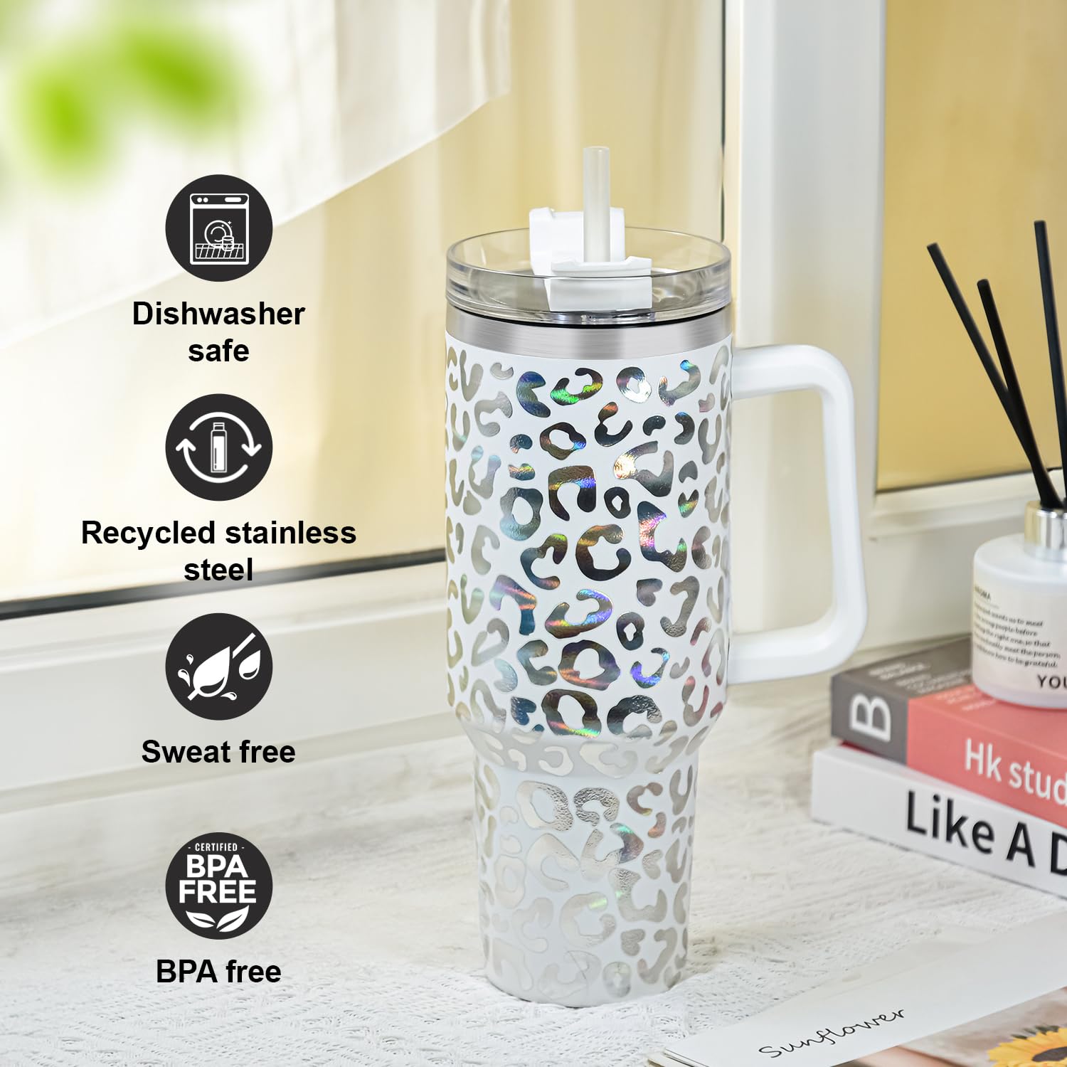 Vaso de 40 onzas con asa y popote, taza de viaje 100% a prueba de fugas, taza de café aislada al vacío de doble pared de acero inoxidable que mantiene el frío durante 34 horas, apto para