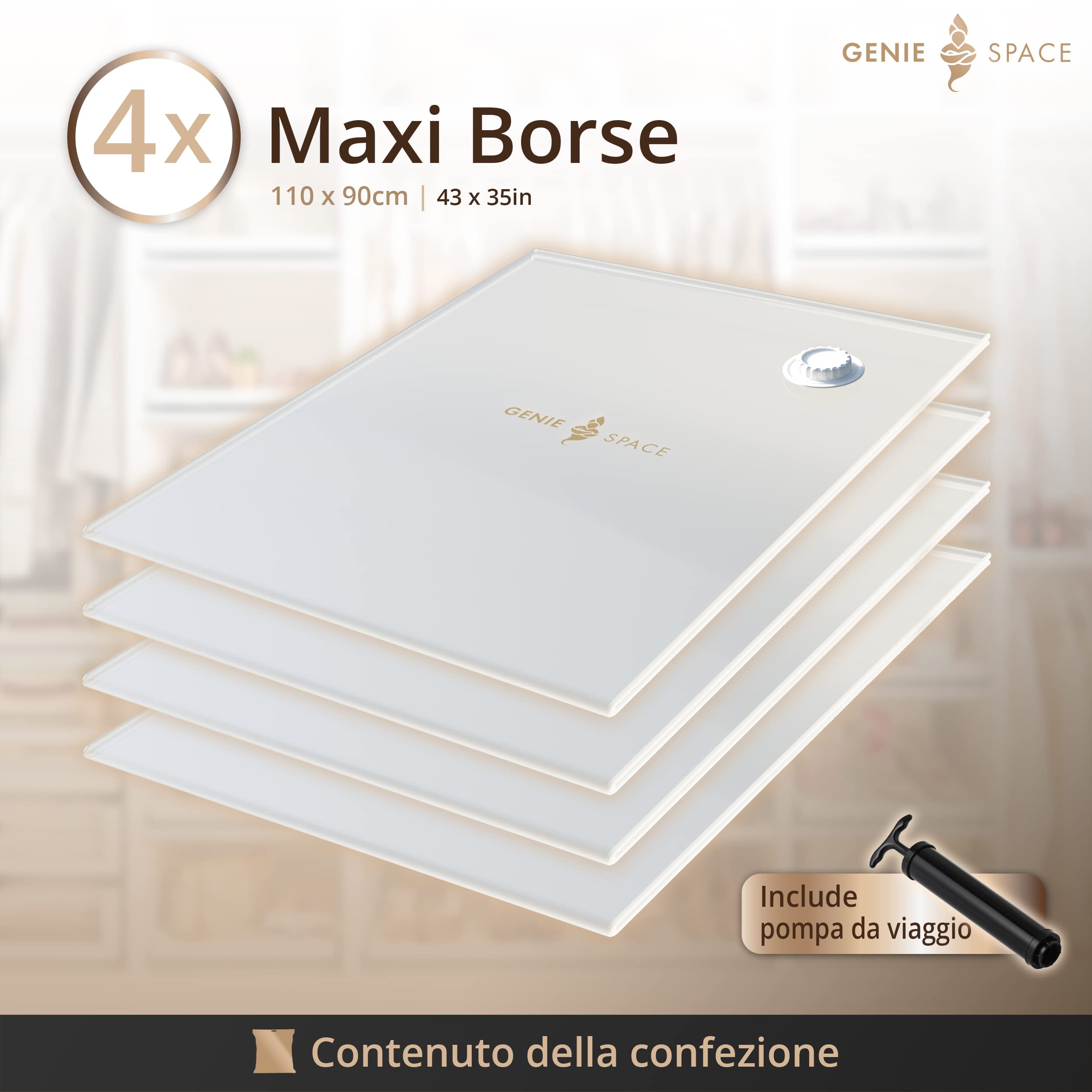 GENIE SPACE Sacchetti Sottovuoto Premium per Vestiti e Biancheria, MAXI 110x90cm (4 Pezzi) con Pompa da Viaggio – Riutilizzabili, Ermetici e Anti-odore per Armadi, Cassetti e Valigie
