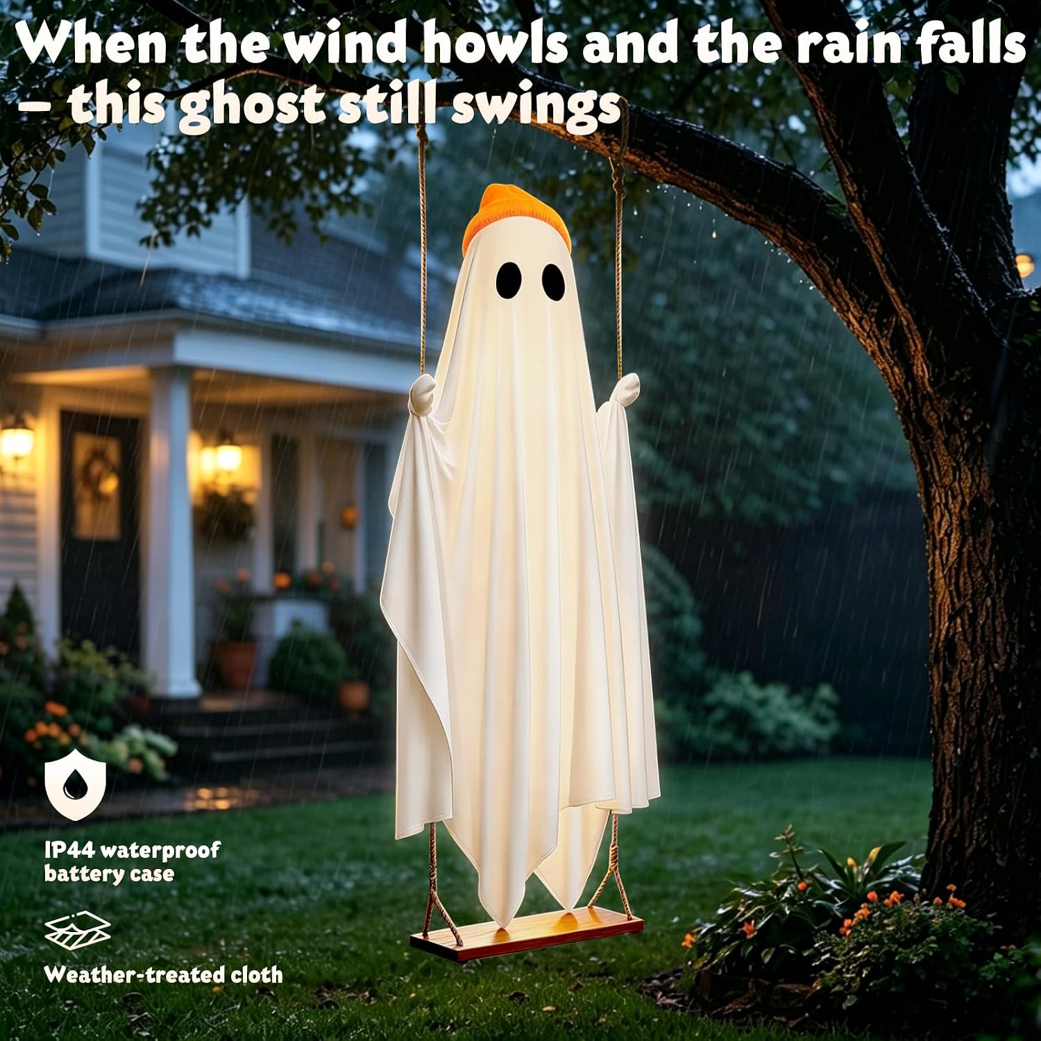 Halloween Decorations Outdoor Indoor, Light Up Hanging Swing Cute Ghost Decoration, DIY Standing Decor Set with Small Accessories for Front Yards, Gardens, Porch, Lawn and Party image 4