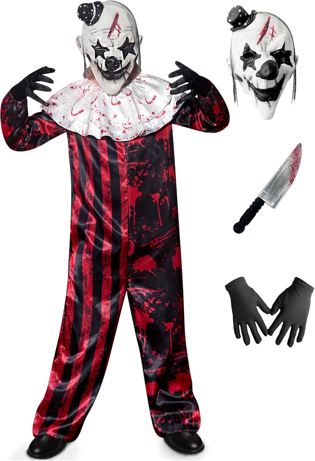 BesserBay Kids Halloween 4 Pcs Creepy Killer Clown Costume Set with Gloves Mask Plastic Knife 6-16 Years