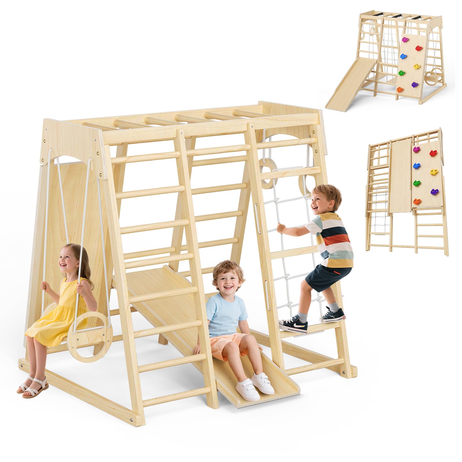 9-in-1-Klettergerüst für den Innenbereich für Kinder, Indoor-Spielplatz aus Holz mit Rutsche und Schaukel, Montessori-Kletterset mit Kletternetz und Klettergerüst