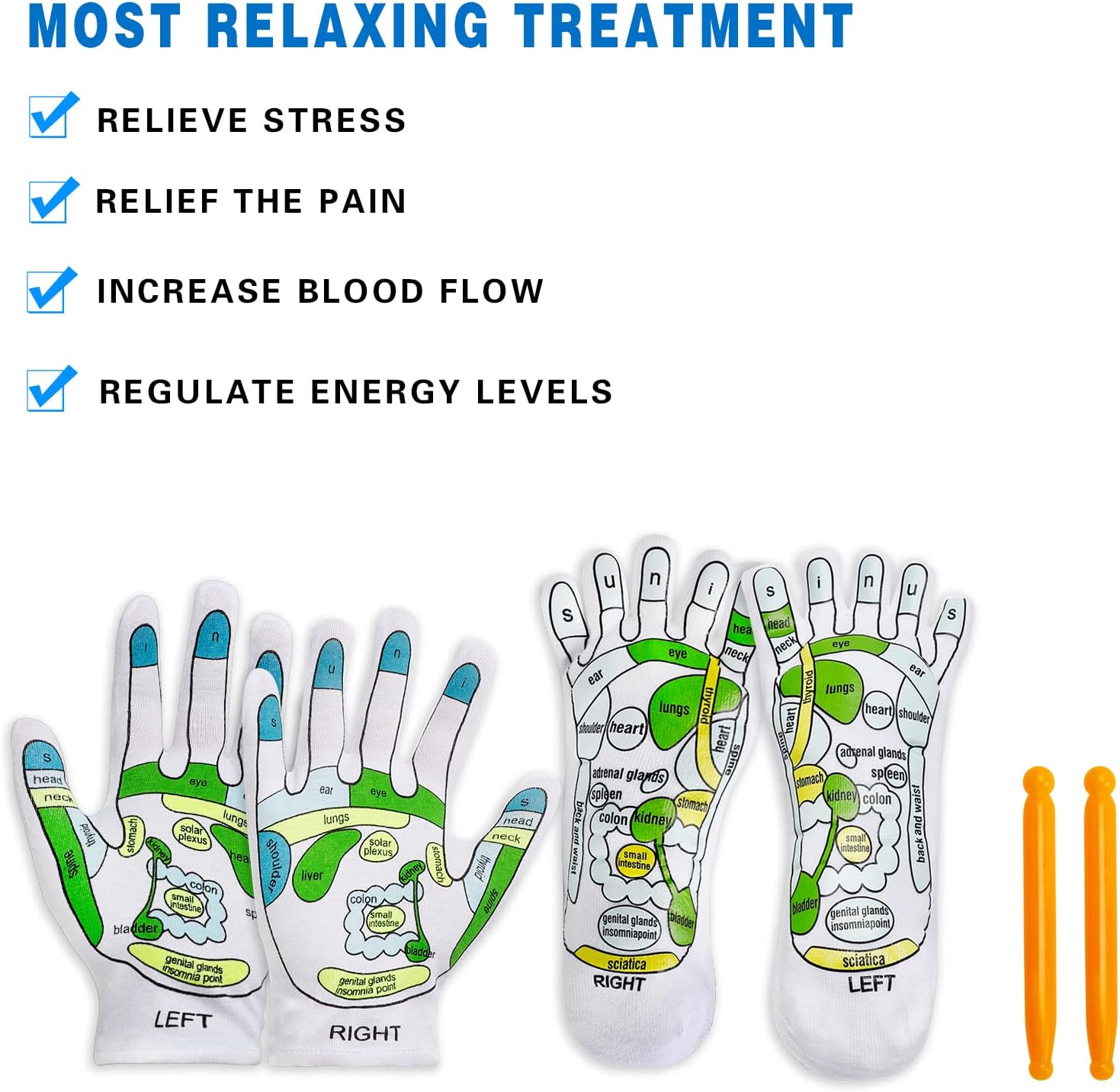 Onukaly 4PCS Acupressure Reflexology Socks and Gloves Tool Set, Hand Spa Reflexology Tools Massage and Foot Massage with Massage Rod for Women and Men Tired Relieve