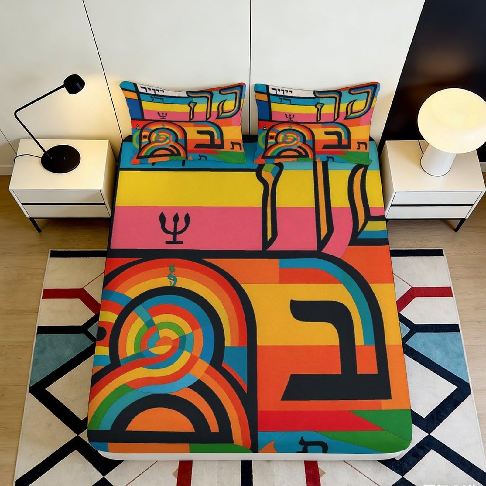 3D Printed Abstract Rainbow Fitted Sheet Microfiber Bedroom Decor Vibrant Geometric Bed Cover for Home Dorm Protection 90x200x25cm