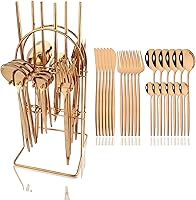 Vista 13 de JASHII Juego de cubiertos de 24 piezas con tenedores y cucharas con soporte, juego de cubiertos de metal de titanio negro y chapado en oro, acero