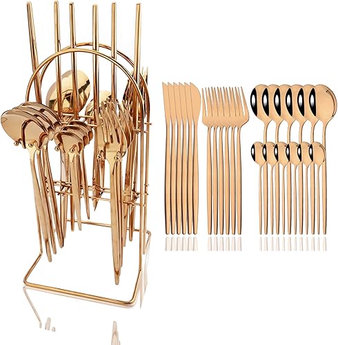 Miniatura 13 de JASHII Juego de cubiertos de 24 piezas con tenedores y cucharas con soporte, juego de cubiertos de metal de titanio negro y chapado en oro, acero