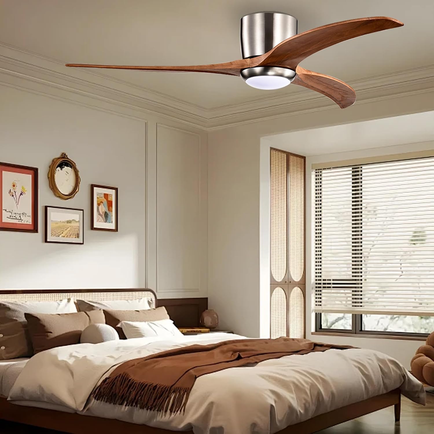 52" Modern Dimmable Chandelier Fan with Light, Low Profile Flush Mount Ceiling Fan Wooden Fandelier with Remote Reversible DC Motor Ceiling Fan for Bedroom Living Room (Nickel)
