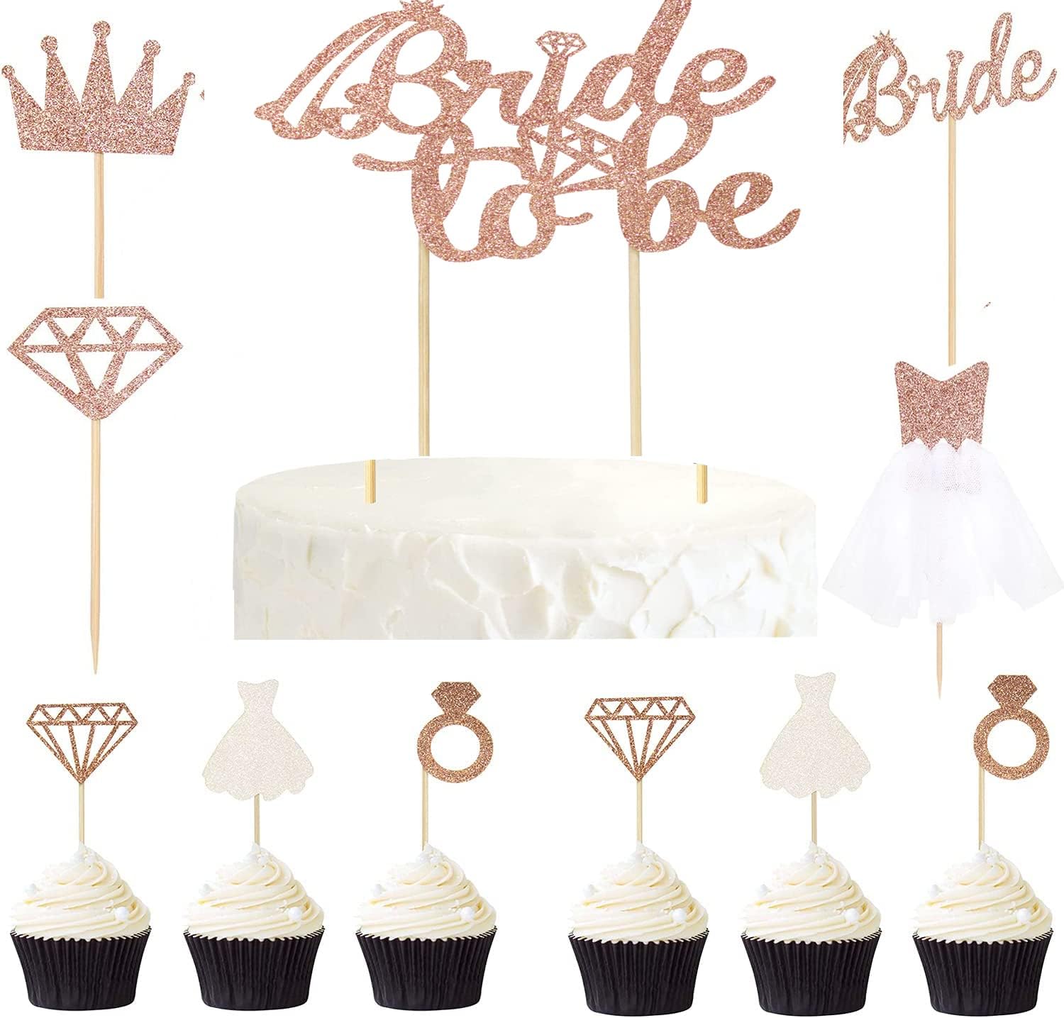 Bride To Be Cake Topper Cupcake Toppers Rose Gold Glitter with Diamond,Crown,Bride,3D Wedding Dress for Bridal Shower Supplies Engagement, Bachelorette Party Decorations Pack of 17