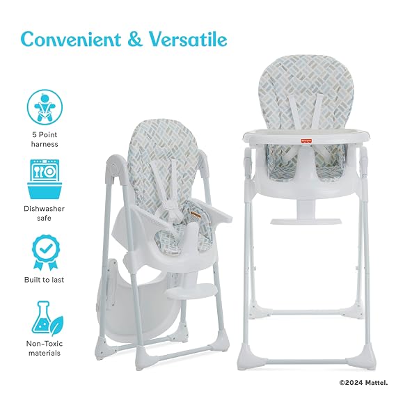Dream On Me Fisher Price Tiny Bites Baby & Toddler Highchair Cloud Grey, One-Click Folding, 7 Adjustable Height Levels, 2 Recline Positions, Removable Dishwasher-Safe Tray, Space-Saving